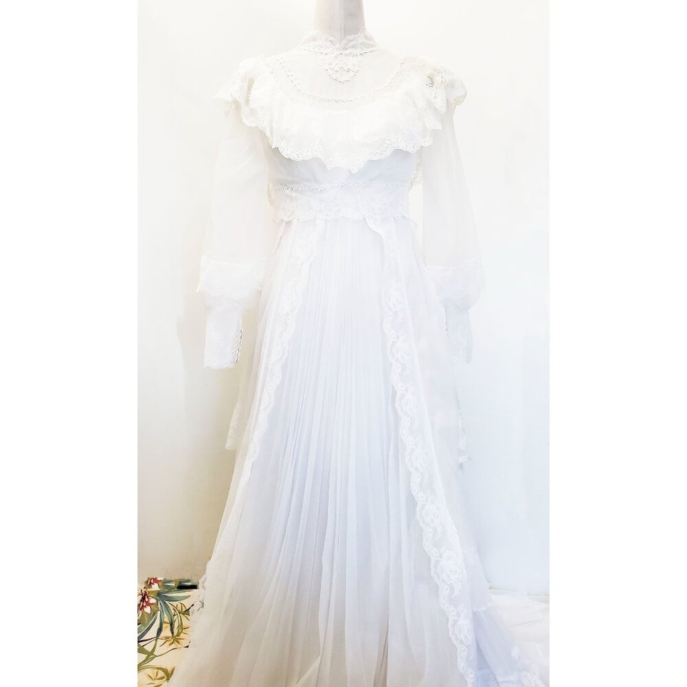 Alfred Angelo Vintage 70s Wedding Dress Lace Prairie Cottagecore Boho Train - Picture 14 of 14